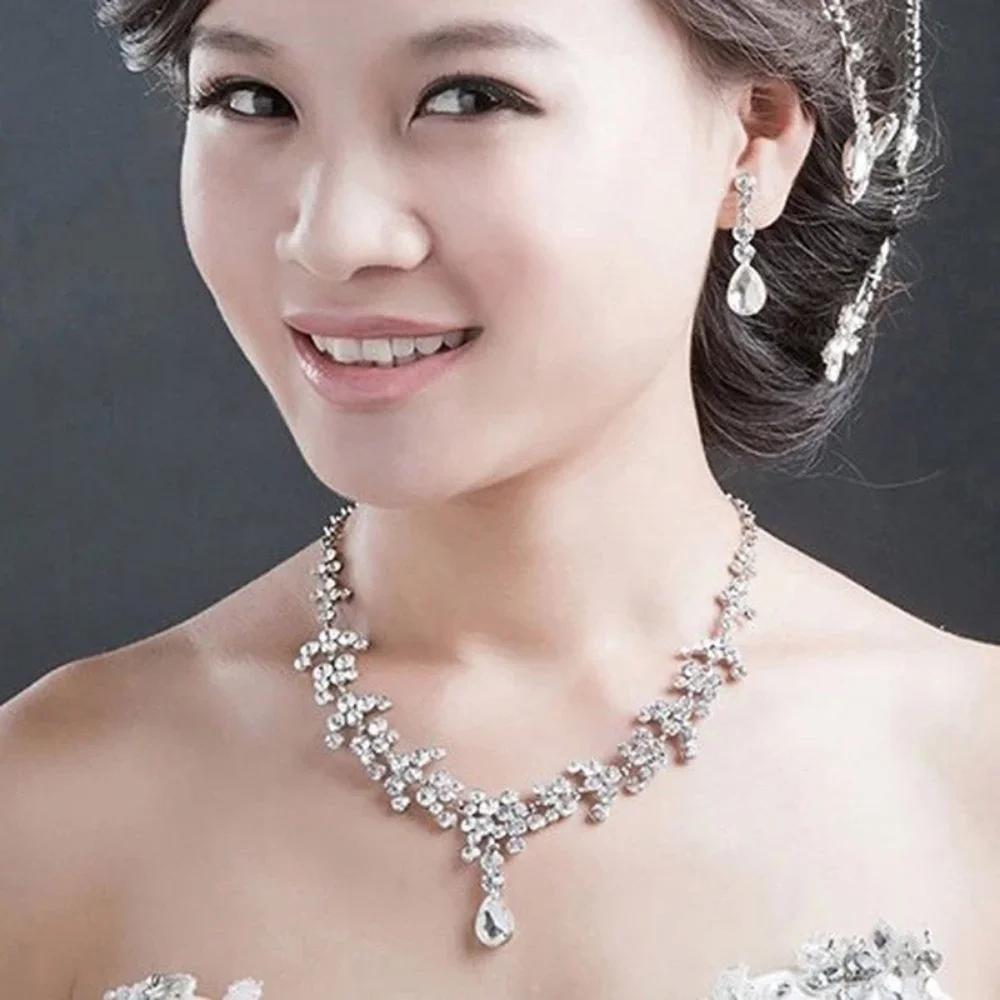 Crystal Stones Silver Color Rhinestone Bridal Wedding Sets Necklace Earrings Tiara Jewelry Set for Women Gift
