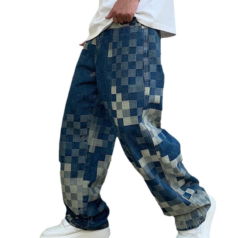 Pánské džíny v kostkovaném vzoru s rovnými nohavicemi - Trendy korejský styl na léto