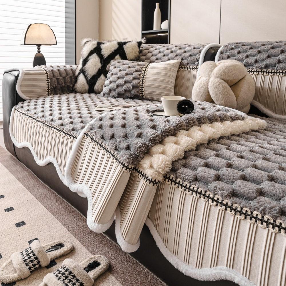 Sofa Cover Sofa Arc Edge Sofa Luxury Non-Slip Seat Soft Thicken Couch Protector Winter Patchwork Fleece Plush Sofa Cushion
