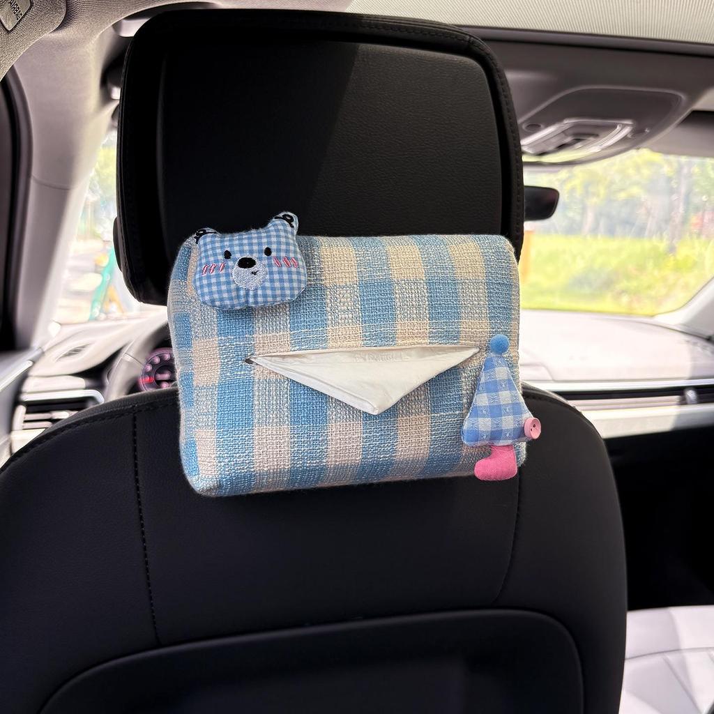 Cartoon Bear & Bunny Plaid Tissue Box for Car Seat Back, Armrest, or Sun Visor