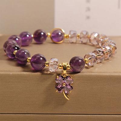 ZAKOL Japanese and Korean Fashion Purple Crystal Bracelet Leaves Flowers Stone Pendant Beaded Bracelets Women Girls Zircon Gift