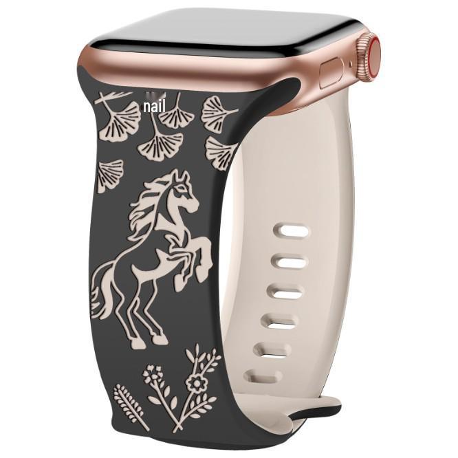 Совместимый ремешок для Apple Watch (Серия 1-10) с разноцветной пряжкой-бабочкой - Двухцветный силиконовый дизайн с цветочными и конными узорами