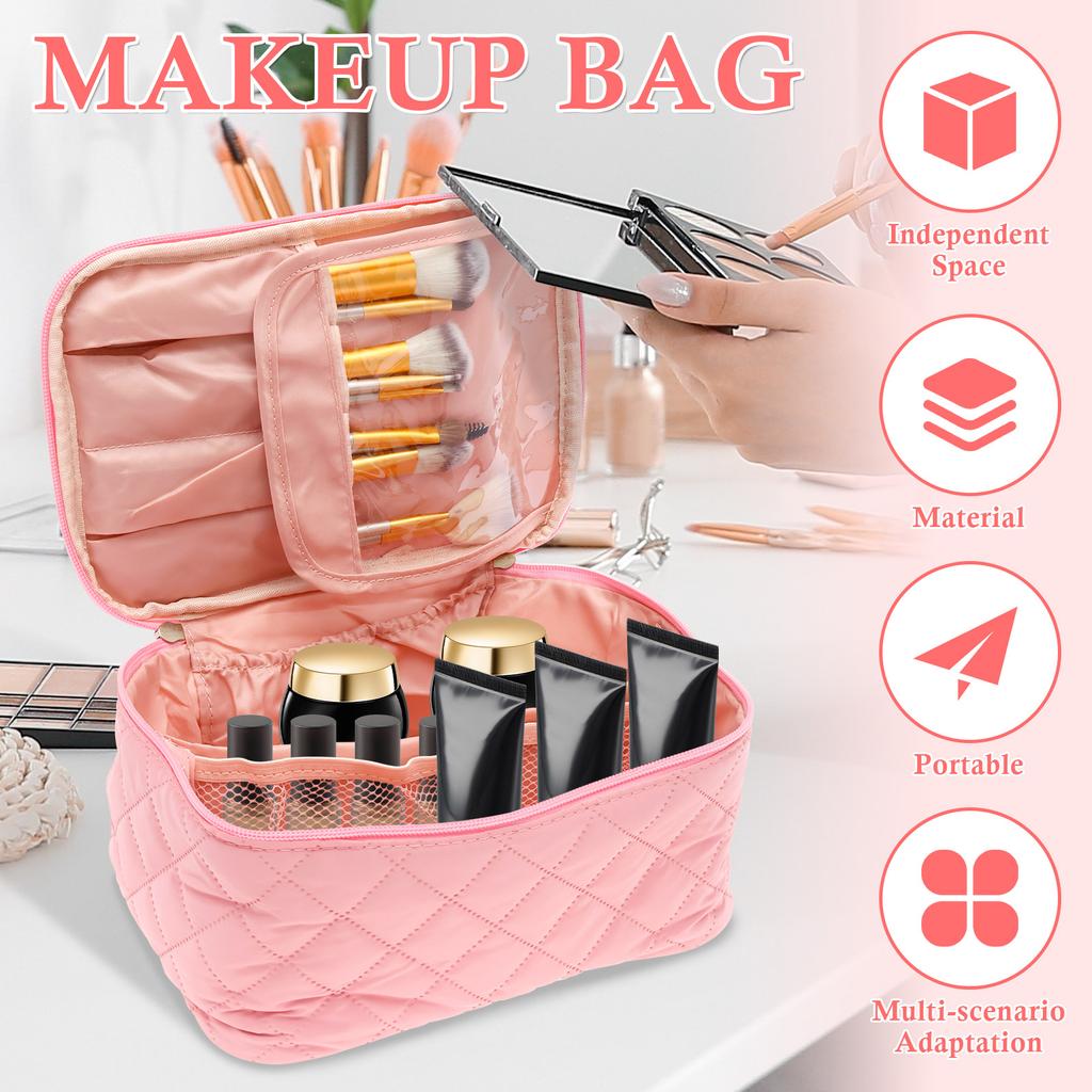Travel Makeup Bag Large Capacity Portable Cosmetic Organizer Bag Polyester Women Toiletry Case with Divider and Handle for Home