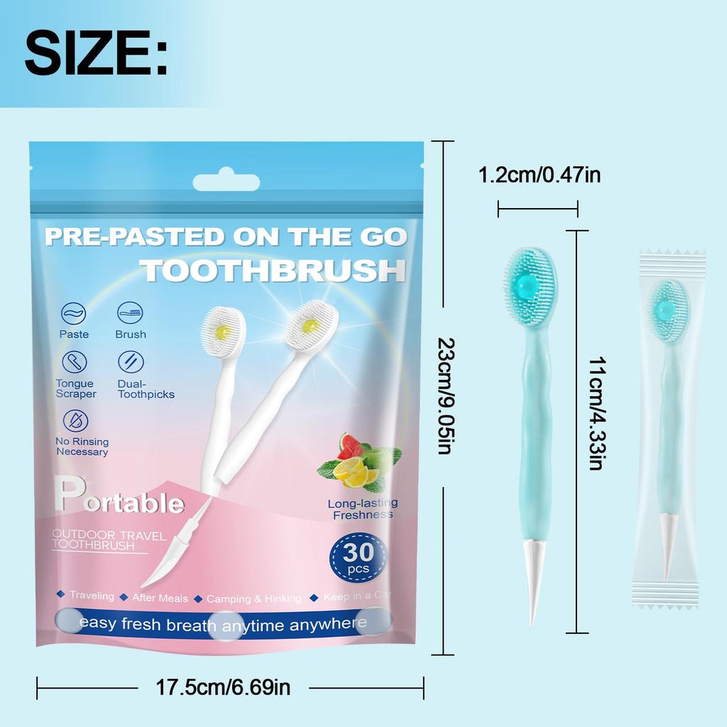 5-in-1 Portable Toothbrush with Tongue Cleaner & Double Toothpick (30-Pack)
