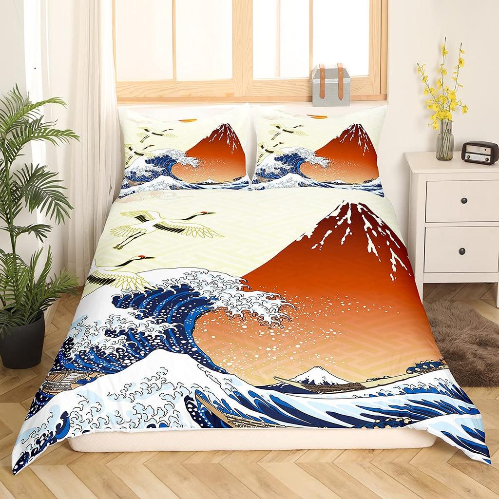 Crane Bedding Set Girl Cherry Blooming Fuji Mountain Sun Duvet Cover Kids Women Lotus Floral Comforter Cover Watercolor Decor