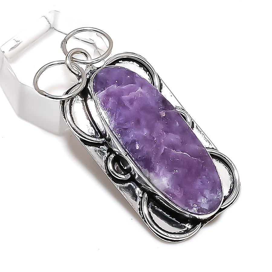 Natural Lepidolite Stone Handmade 925 Sterling Silver Jewelry Pendant 2.05" P5Q63