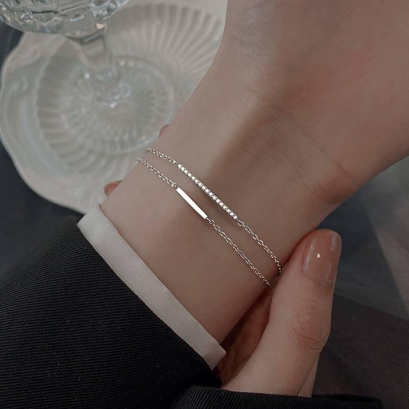 ANENJERY двухслойный браслет-цепочка с цирконием для женщин, простой дизайн, ювелирные аксессуары для девочек Adjustable серебряный