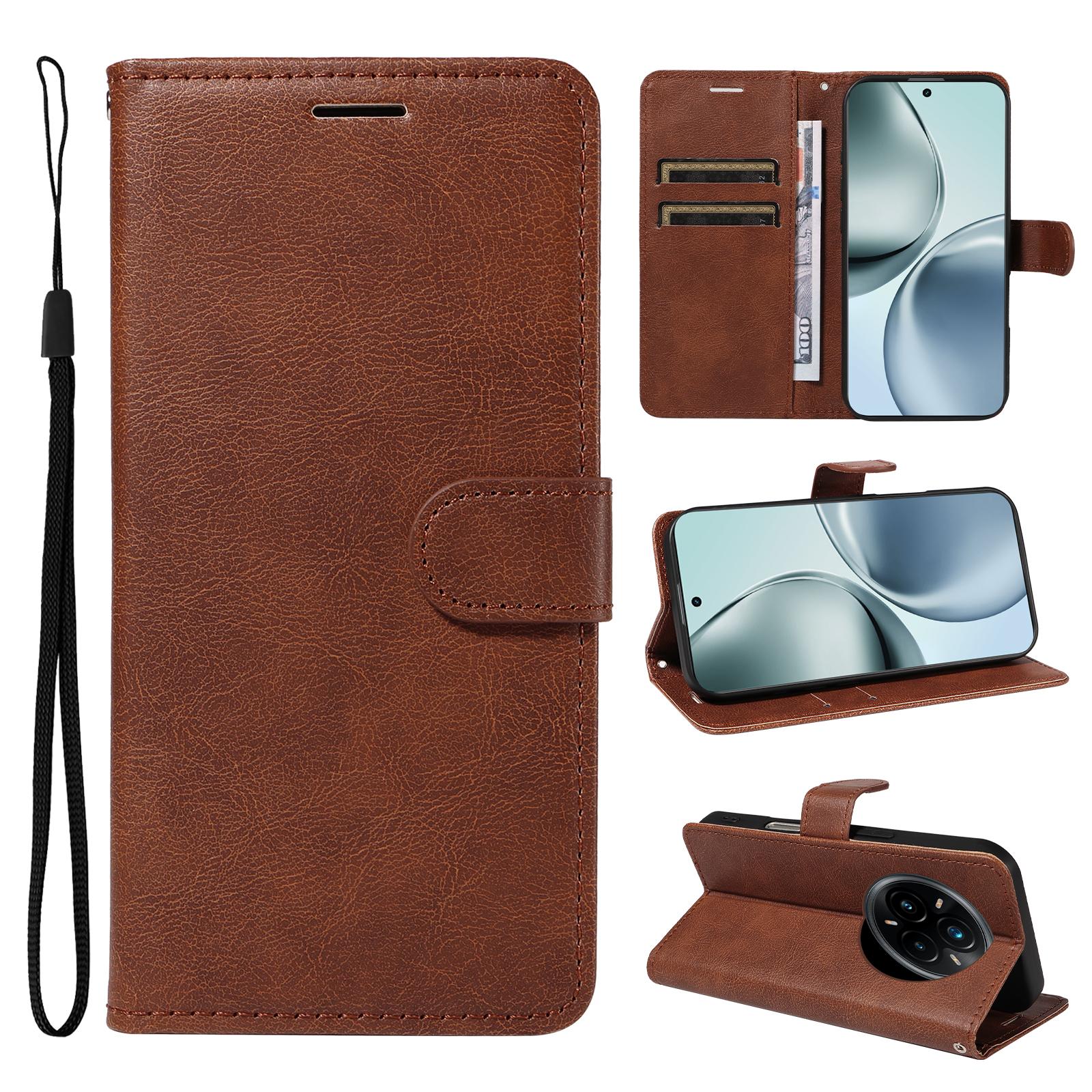 

For Realme 14 Pro+ 5G Leather Wallet Case with Strap Solid Color Phone Stand Cover Brown