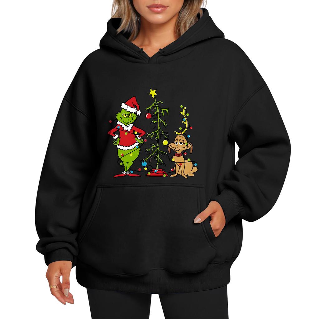Ladies' Christmas Style Printed Hoodie With Wool And Pockets For Women