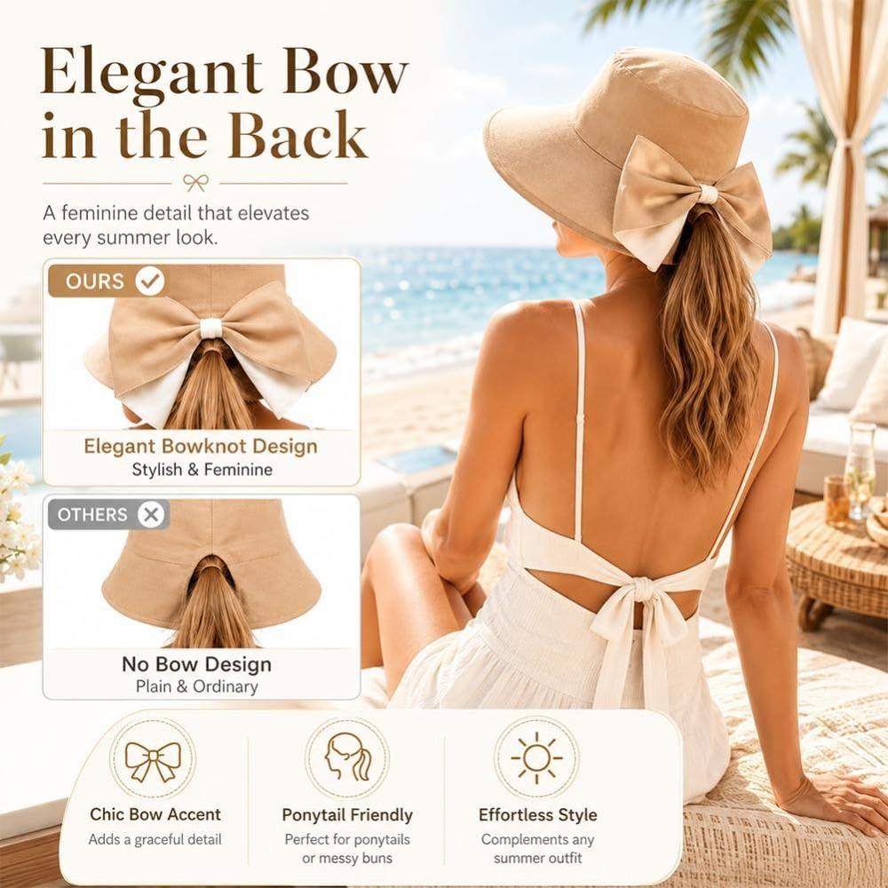 Bowknot Wide Brim Sun Protective Hat, Foldable, 360° Protection Uv Protection Breathable Summer Travel Beach Hat