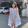 Japanese Sweet and Fresh College Style Plaid Lace Vest Splicing Dress Small Sleeveless Blue Plaid Skirt