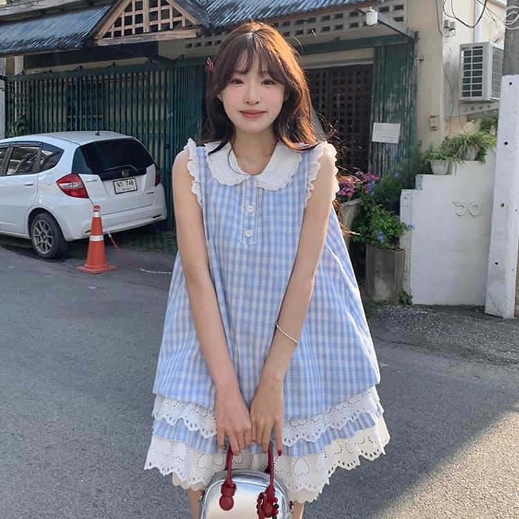 Japanese Sweet and Fresh College Style Plaid Lace Vest Splicing Dress Small Sleeveless Blue Plaid Skirt