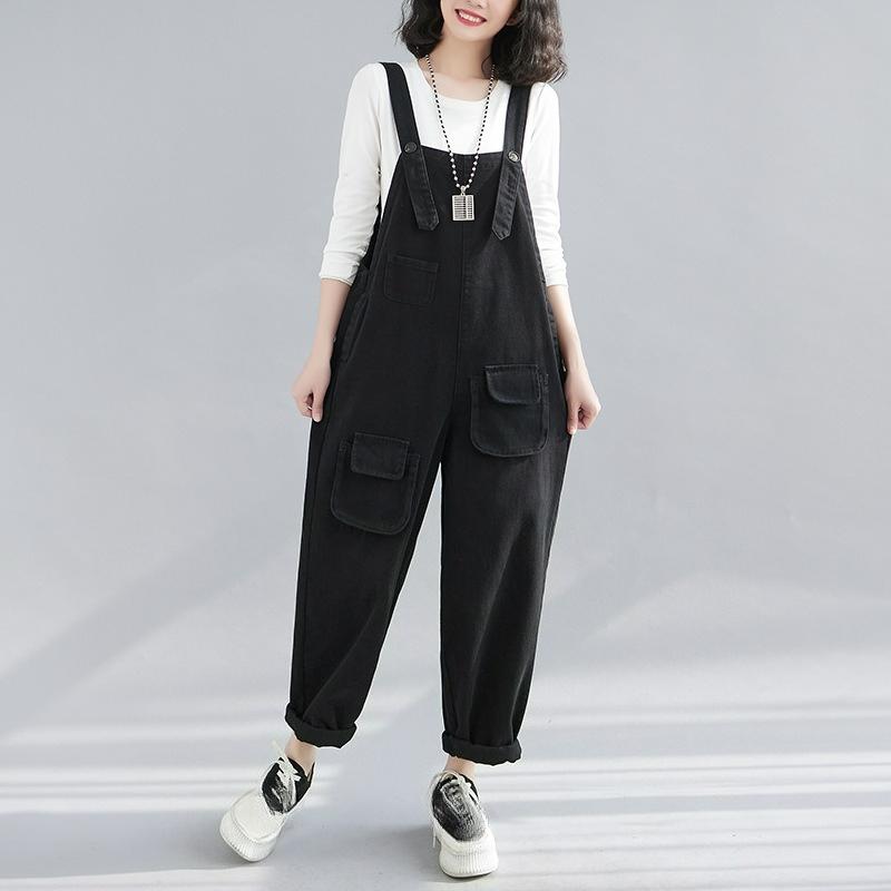 Autumn Literature and Art Large Size Loose and Thin Dark Denim Overalls Women's Harem Pants