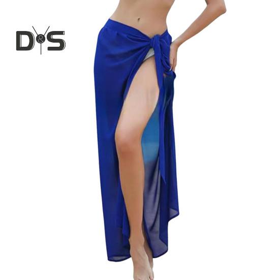 Women Beach Skirt Lace-up Solid Color See-through Thin Quick-Drying Flowy Skirt Sun Protection Bikini Cover Up