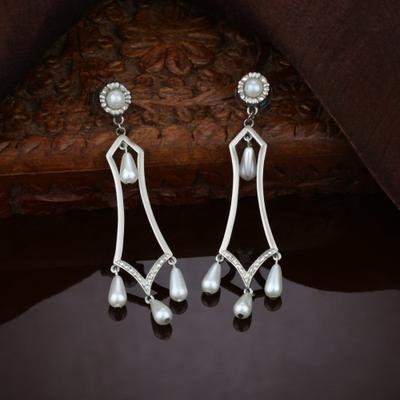Silver Oxidized Pearl Drop Earrings for Women