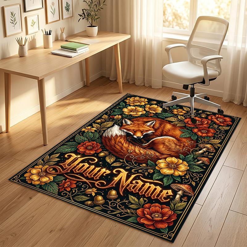 Fox Flowers Theme Soft Crystal Velvet Rug Custom Name & Text Print Non Slip Floor Rug for Bedroom Living Room