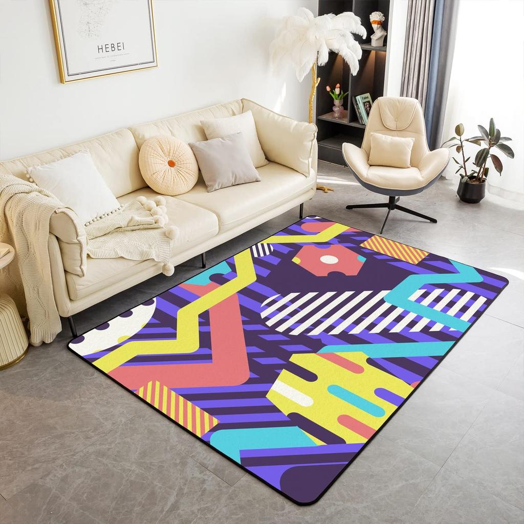 Memphis Area Rug, Hipster Retro Doormat, 80s 90s Hip Hop Funky Colorful Pop Art Inspired Carpet for Playroom Geometric Floor Mat