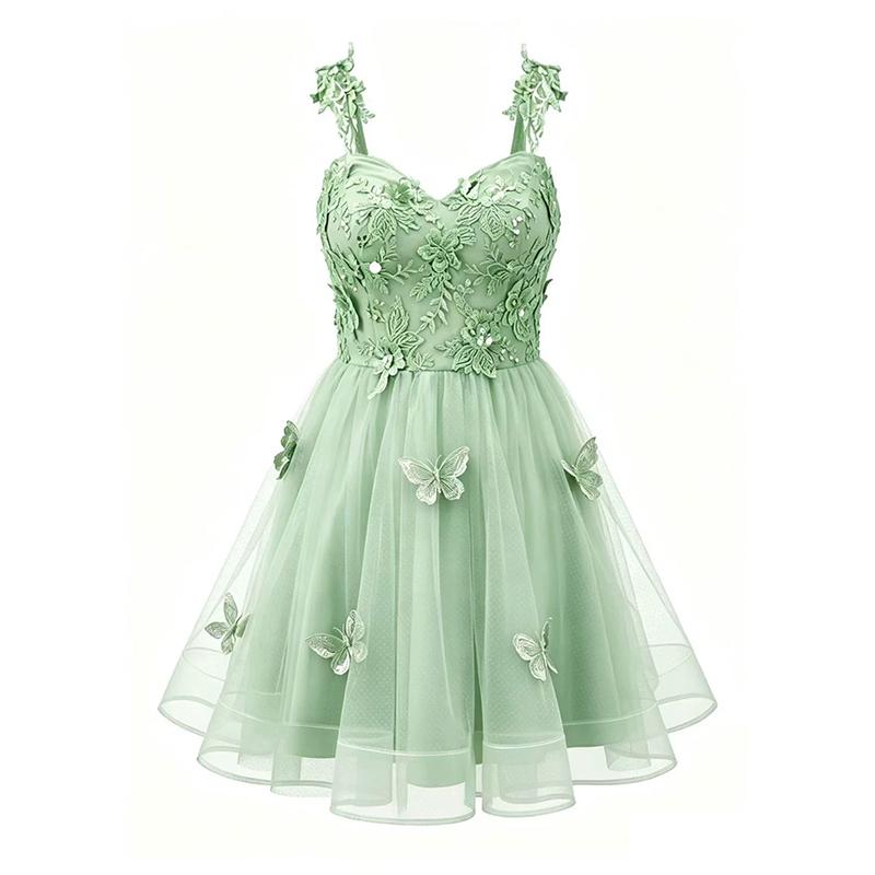 Butterfly Flower Lace Strap Short Dress, Peach Heart V-neck Mesh Women's Evening Dress, Birthday Party, Cocktail Party, Elegant Women's Dress