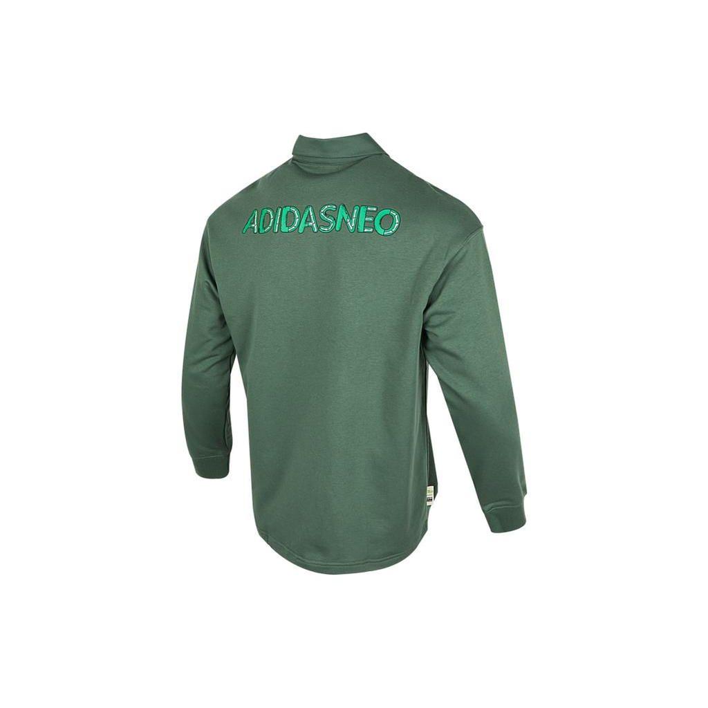 Adidas Neo Pattern Embroidery Logo Print Collar Long Sleeve Polo Shirt Unisex Tops Green HM9951