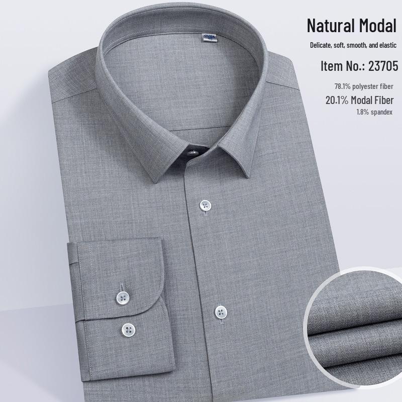 Men's Modal Stretch Long Sleeve Shirt - Non-Iron White, Spring & Autumn Style, Customizable LOGO, Professional Wear.