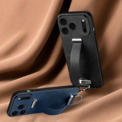 Elegantní kožené pouzdro na zápěstí pro iPhone 17 Air 16 Pro Max 15 Plus Roztažitelný kryt se stojánkem Elegantní business prsten na prst