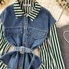 Korean Retro Women Denim Vest Shirt Spring Autumn Casual Loose Irregular Stitching Striped Fake Two