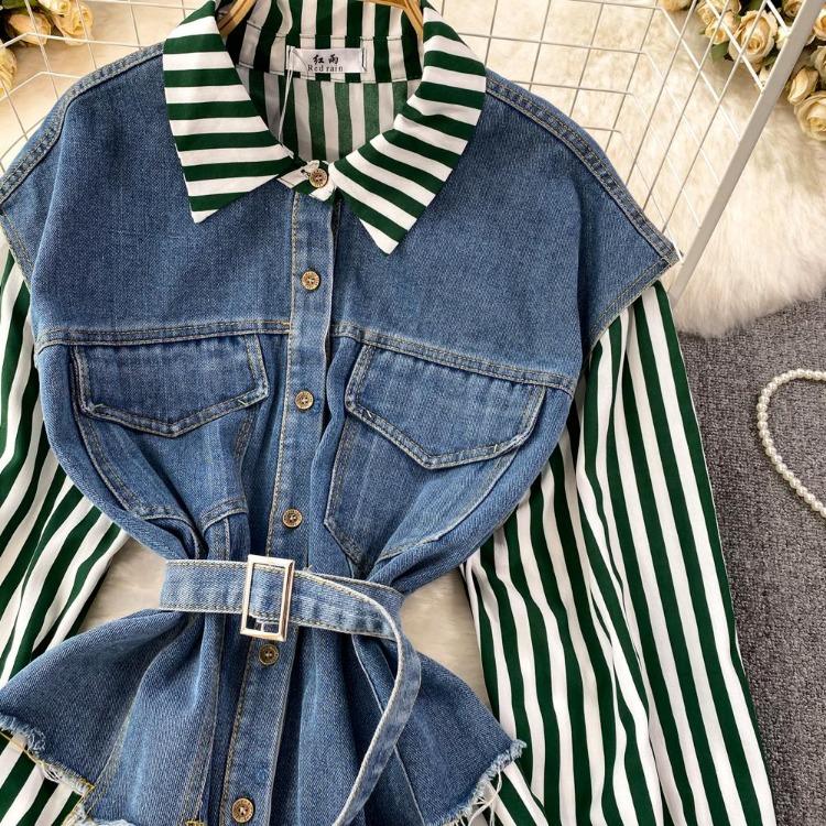 Korean Retro Women Denim Vest Shirt Spring Autumn Casual Loose Irregular Stitching Striped Fake Two