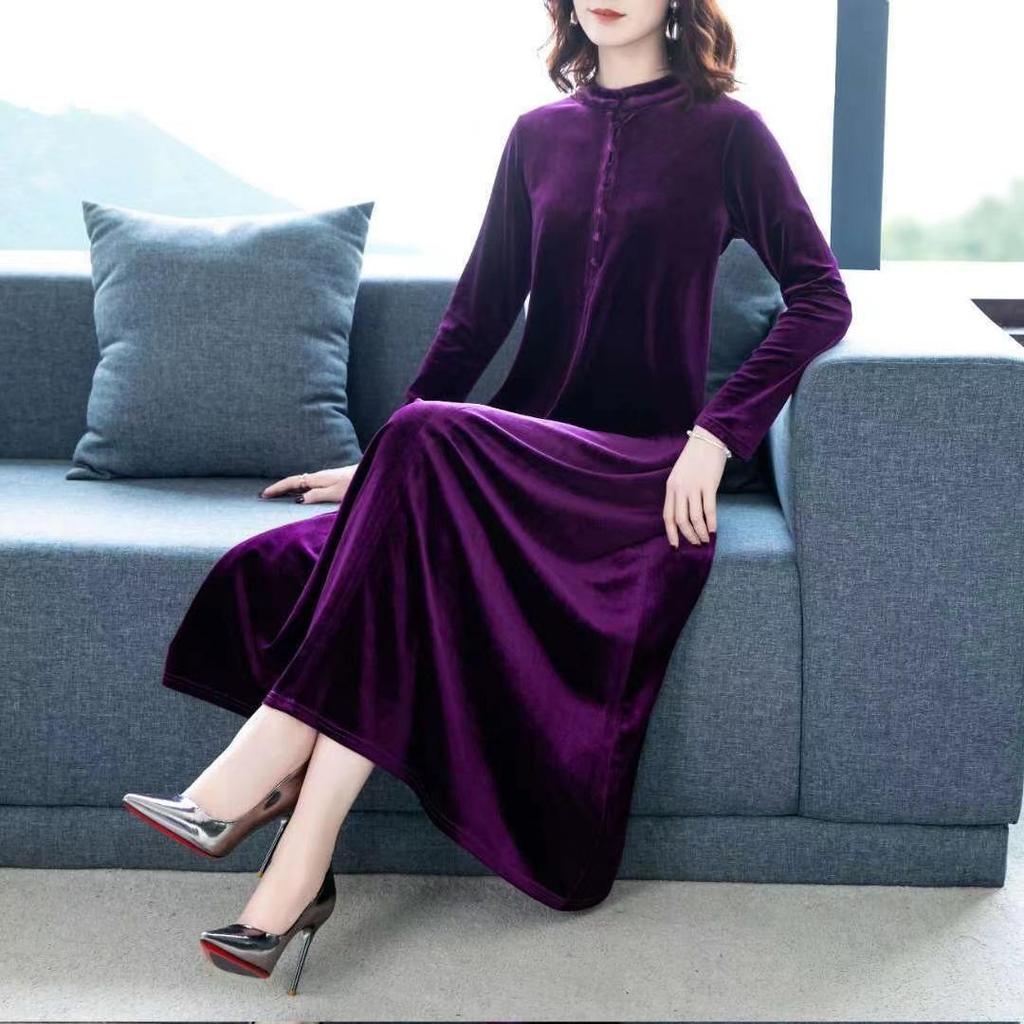 Women's Plus Size Dress Long Gold Velvet Dress Loose Retro Solid A-Line Dress Spring Autumn