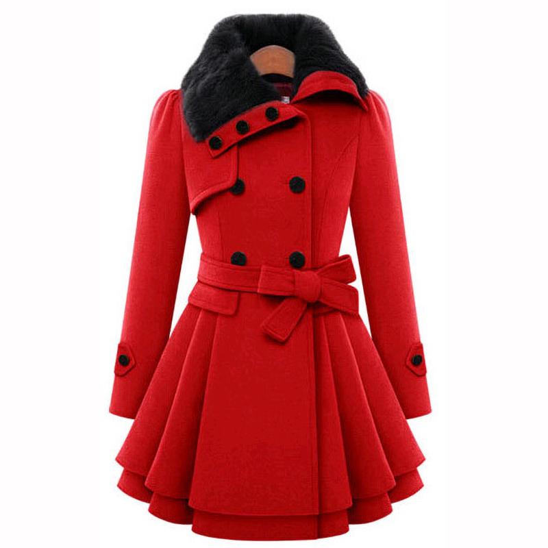 Winter Long Wool Coats Women Streetwear Double Breasted Collar Woolen Collar Lace Up Pleated Ruffle Jackets