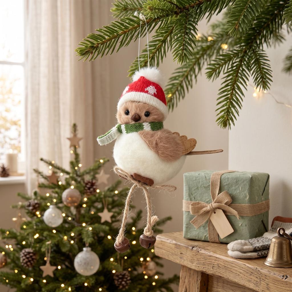 Lifelike Bird Christmas Tree Ornament with Red Hat and Scarf - Cute Hanging Holiday Decoration