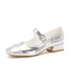Sheepskin Shoes Silver Mary Jane Shoes Women's Thick Heel Versatile Light Mouth Single Shoes Round Head Rhinestone Buckle French High Heels