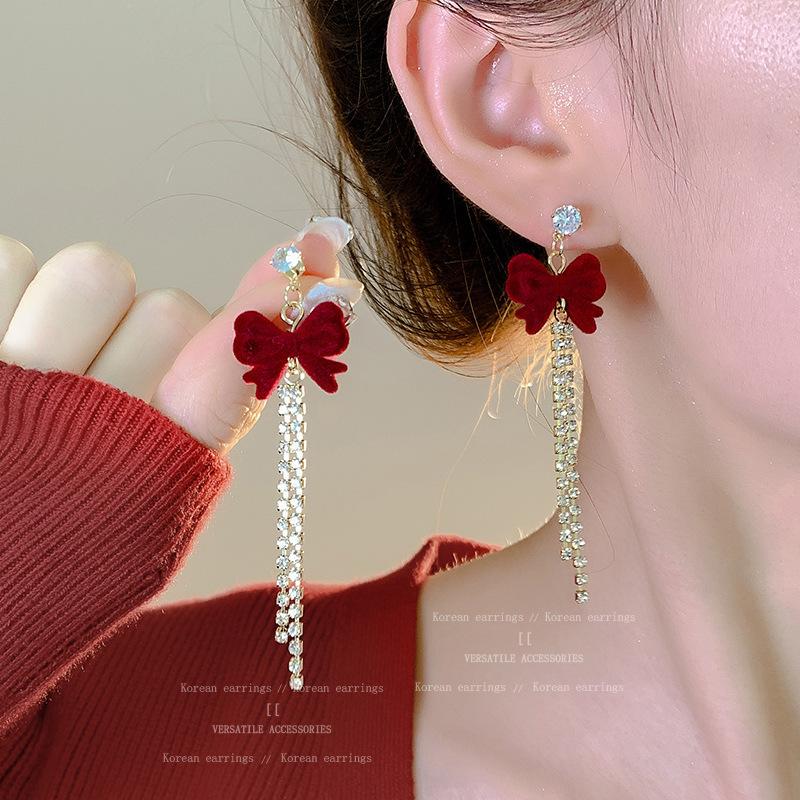 Burgundy velvet bow French earrings women s new niche high-end sweet velvet diamond stud earrings