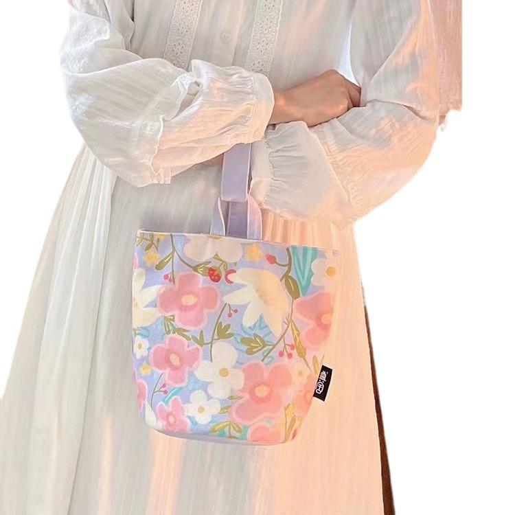 Small Fresh Flower Portable Bucket Bag Canvas Bag Going Out Shopping Female Student Storage Bag Work Bento Bag