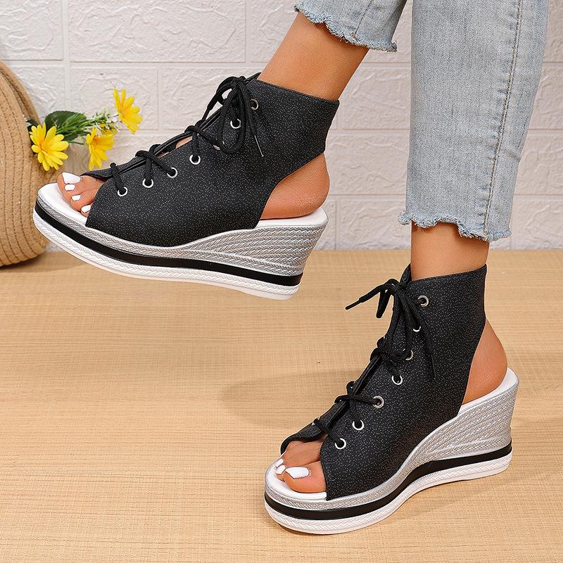 Modische Leopardenmuster Keilabsatz Sandalen mit Fischmaul für Damen Sommer Neue Offene Zehenpartie Bequeme Schnürung Klobige Sandalen