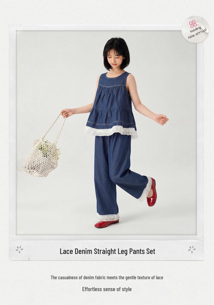 Retro Summer Lace Patchwork Denim Set - Sleeveless Vest & Wide-Leg Pants