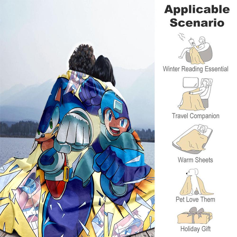 1pc Sonic Mega Man All-Season Comfort, Outdoor Flannel Blanket - Soft, Warm & Cozy for Naps, Camping & Travel 032