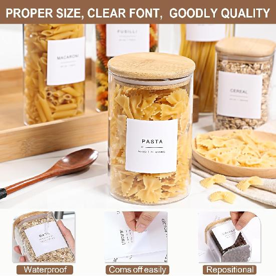 308 Kitchen Pantry Labels for Food Containers, 3 Sizes White Minimalist Labels for Organizing, Food Label for Jars, Storage Bins, Preprinted