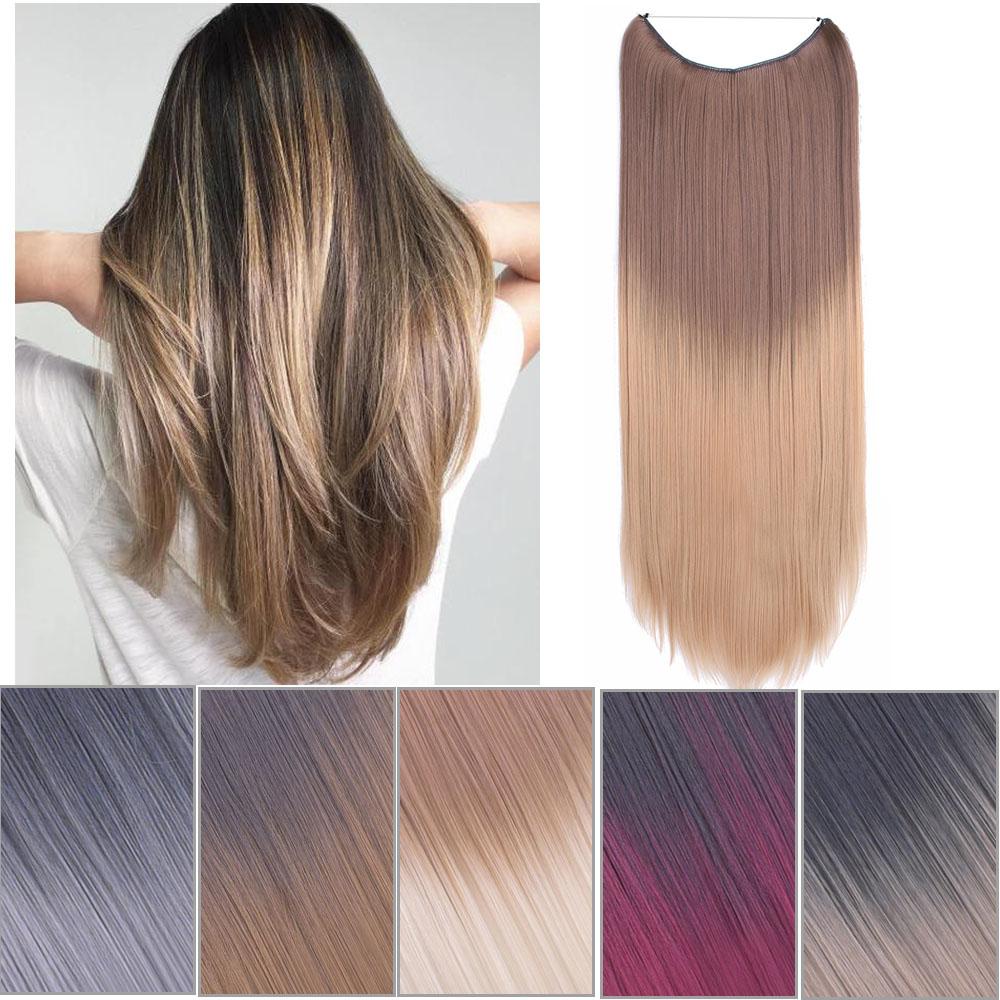 One Piece No Clips Hairpieces Ombre Color Elasticity Invisible Wire Fish Line Wavy Synthetic Hair Extension