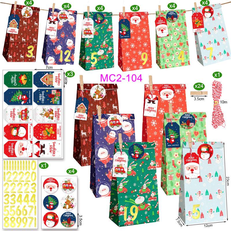 Christmas Advent Calendar Kraft Gift Bags Set - 24 Pieces