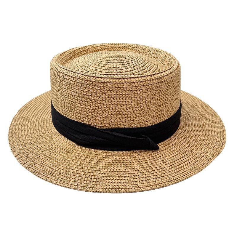 Flat Top Straw Hat Women'S Summer Vacation Style Beach Hat Large Brim Sun Protection Sun Hat French Top Hat