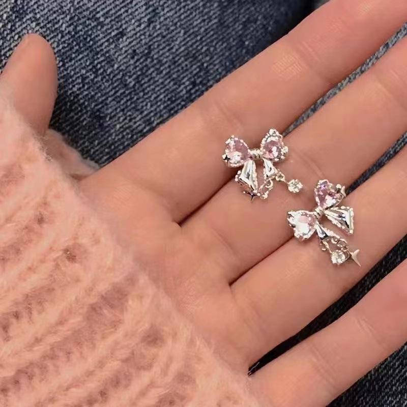 Bow Zirconia Stud Earrings Women's Fashion Korean Pink Crystal Statement Earrings Gift