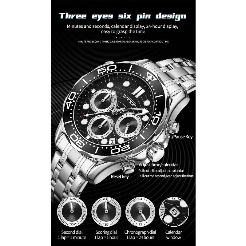 SANDA Brand Men's Quartz Watch Multi Functional Timing Waterproof Calendar Night Light Men's Stainless Steel Watch