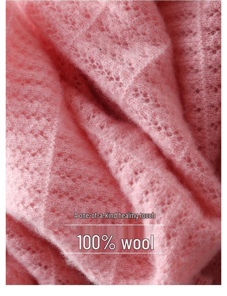 Women's Pure Wool Knit Cashmere Sweater - Round Neck, Hollow Design, Loose Fit, Slimming Pullover for Autumn and Winter