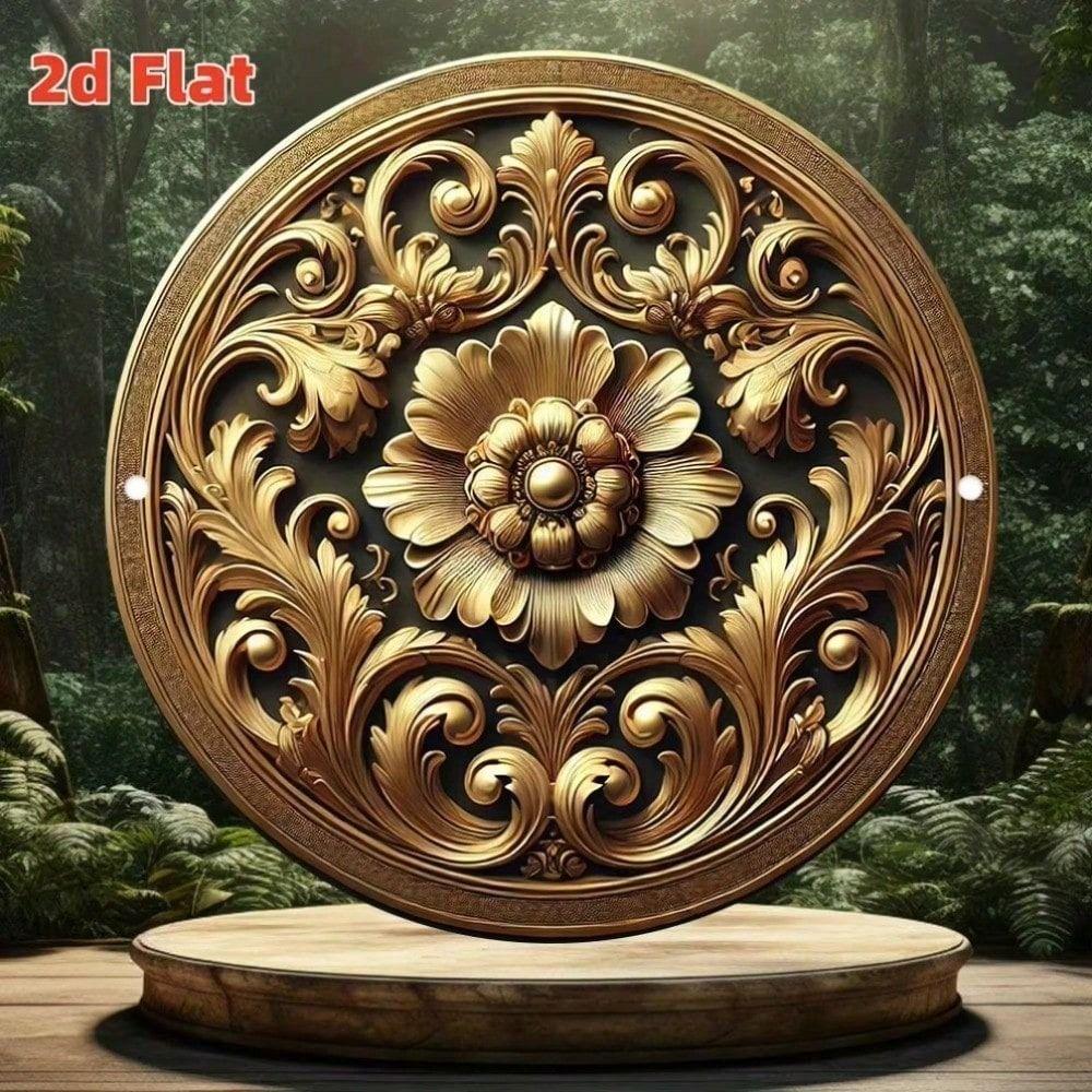 Metal Poster Round Retro Floral Embossed Wall Art, Gold 3D Sticker for Home Decor