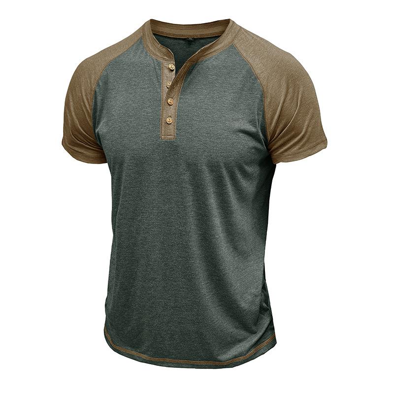 Men's Summer Short Sleeve T-Shirt Fashion Patchwork Henry Collar Button Casual Tees Tops