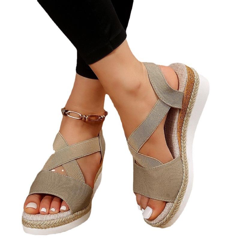 Summer new sandals large size hemp rope cross with fish mouth wedge heel casual sandals women
