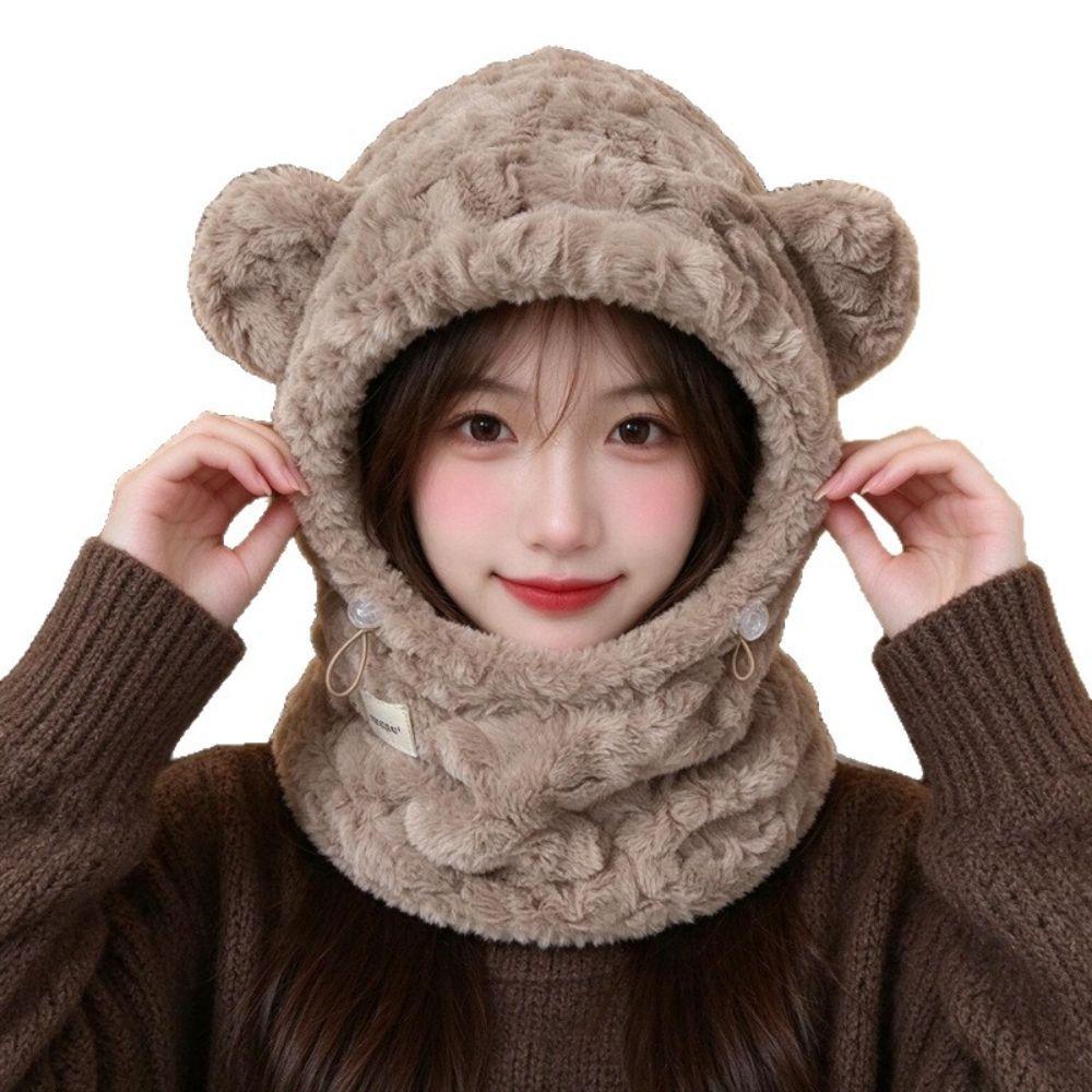 Adjustable Drawstring Hat Scarf Combo Thickened Warm Winter Balaclava Plush Hooded Hat for Women