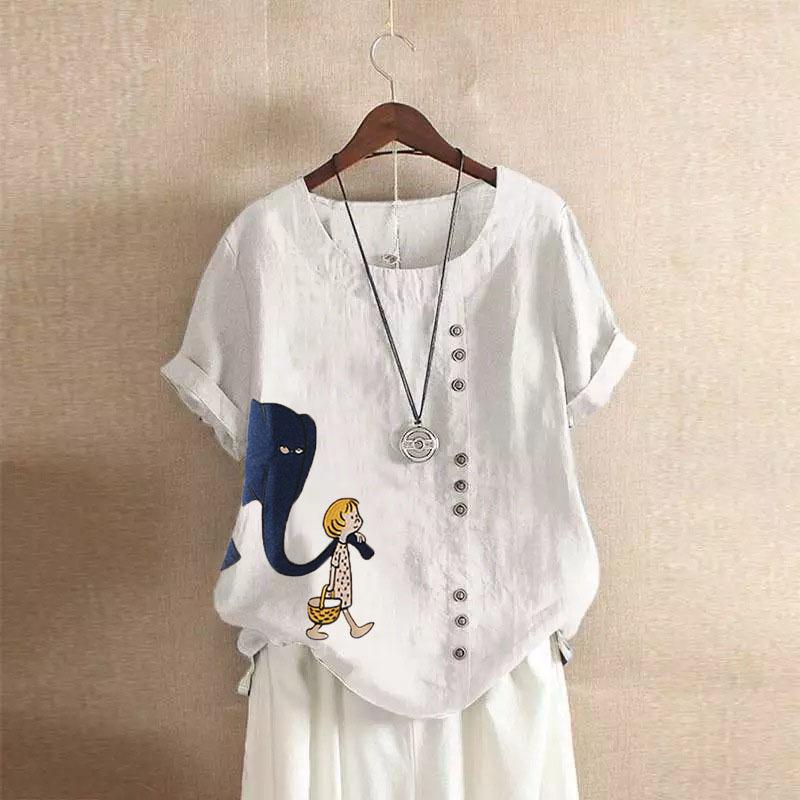 GMXIA Summer Vintage Plus-size Casual Loose Cotton and Linen Short Sleeve Pullover T-shirt Cotton and Linen Women Plus-size Women's Wear