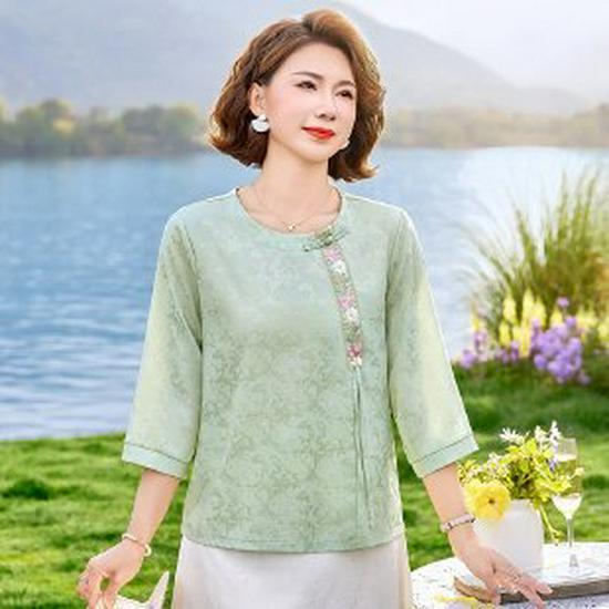 Women s Stylish Slimming Printed Round Neck Shirt - Summer 2026, Seven-Sleeve Design 5XL [150-165 lbs] светло-зеленый
