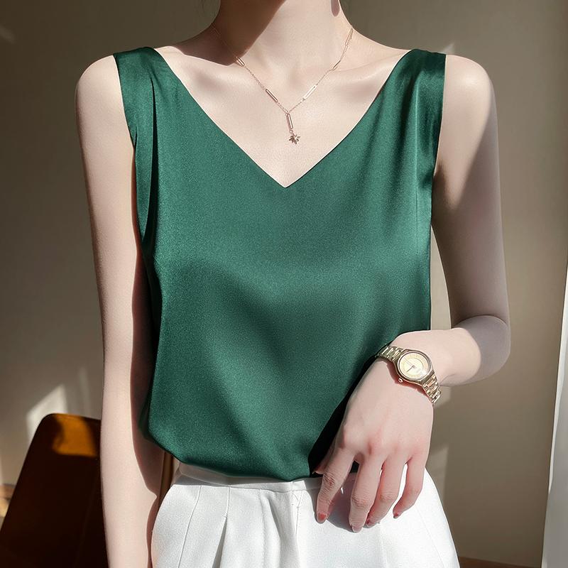 Simulation Silk Sling Vest, Women's Inner Suit, Black and White Bottomed Satin, Mulberry Silk Acetic Acid Top, Summer V-neck